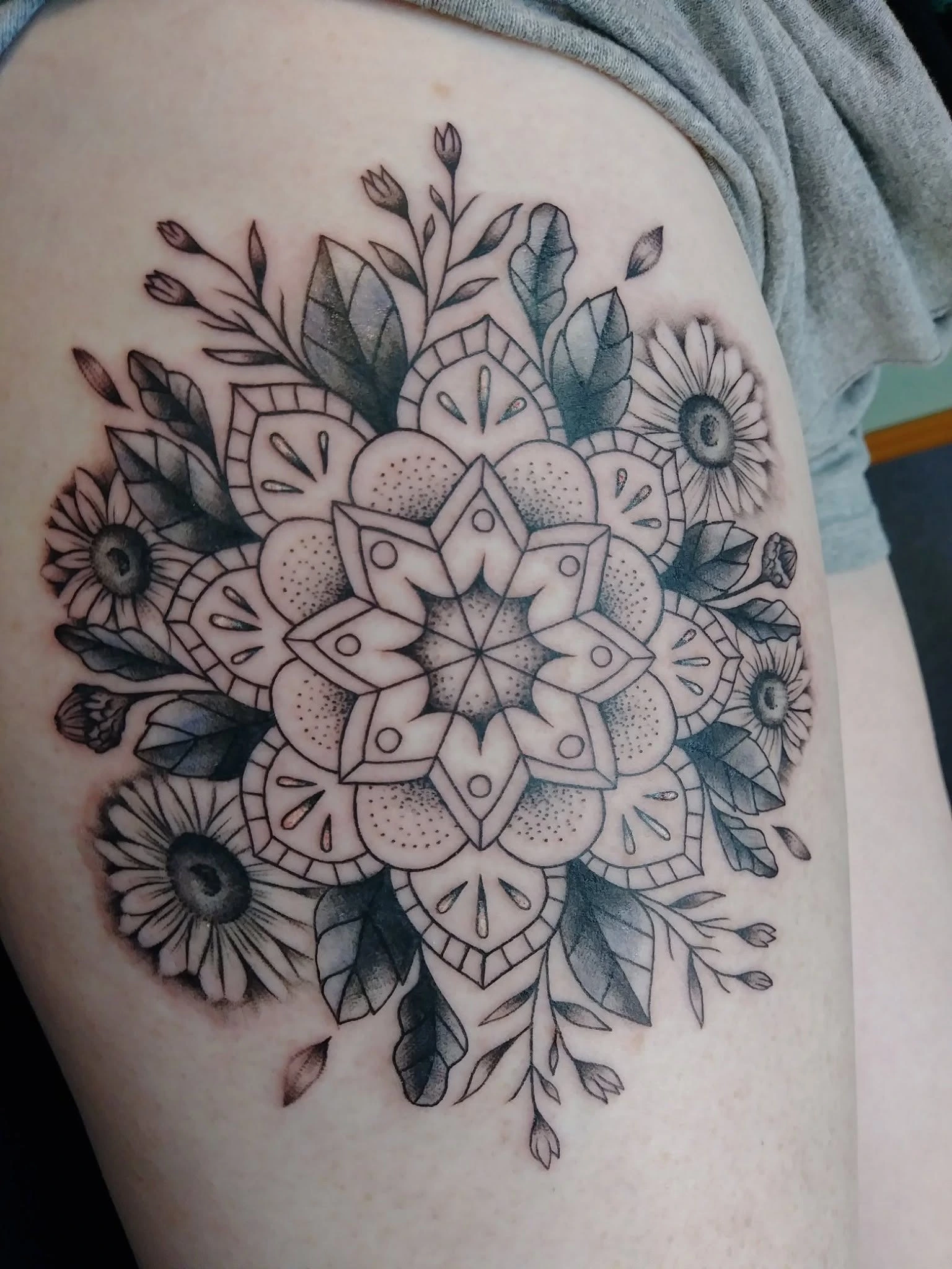 Detailed floral mandala tattoo artwork